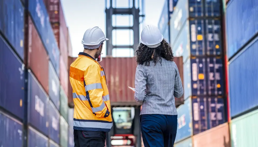 Port workers watching cargo containers arrive