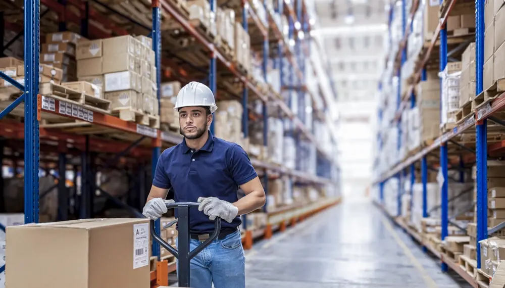 Man working at a distribution warehouse and moving boxes using a forklift