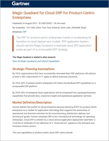 th Gartner Magic Quadrant for Cloud ERP for Product Centric Enterprises Analyst Report English 