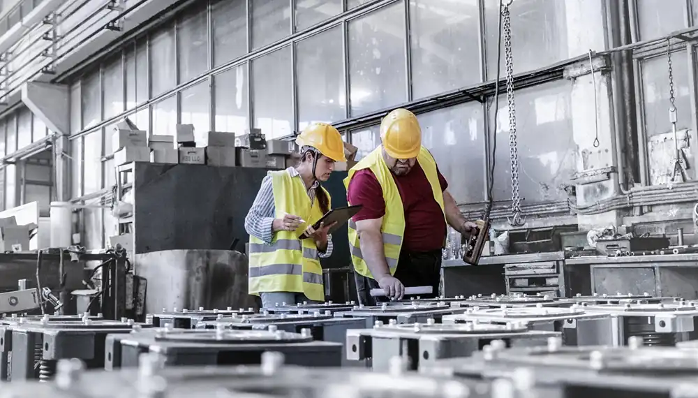 Engineers working in a metal manufacturing plant 