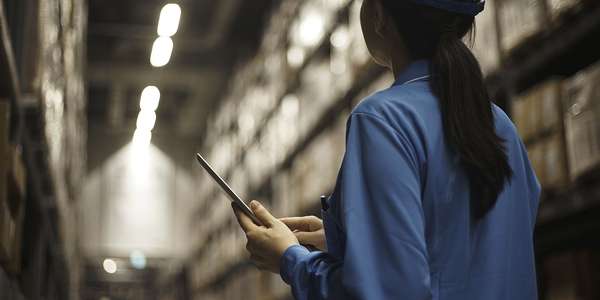 Female warehouse worker using digital tablet