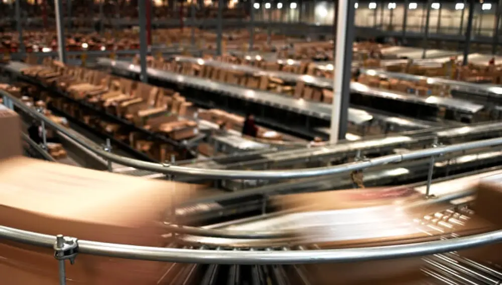 Boxes speeding by on a conveyor belt