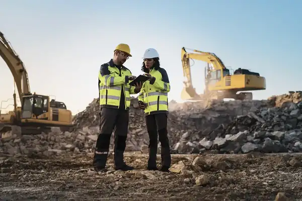Site managers using construction accounting software on a tablet