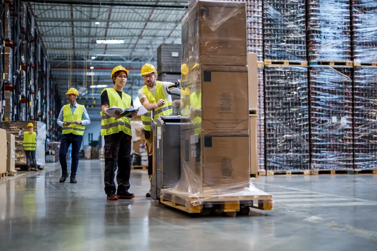 Employees consult while working in a warehouse