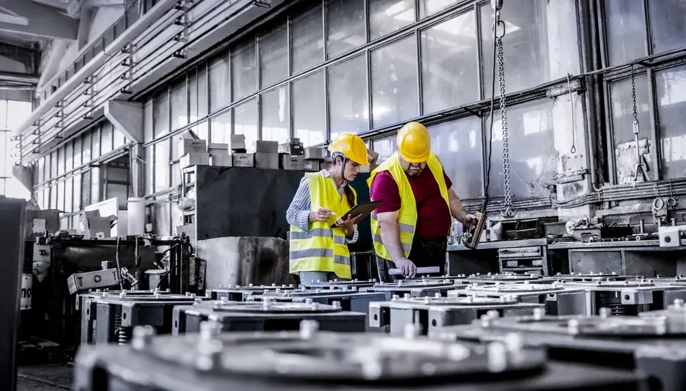 Team inspecting equipment in a factory 