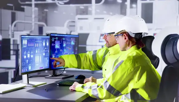 Technicians using modern IT solutions in a factory 