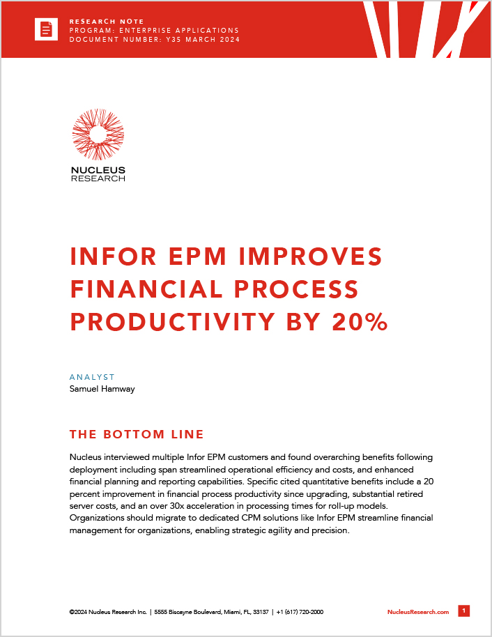Screenshot of a report titled 'Nucleus report finds Infor EPM improves financial process productivity by 20%'