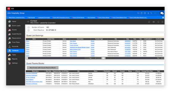 Infor SCS のゲストエクスペリエンス管理機能と顧客関係管理機能のスクリーンショット。