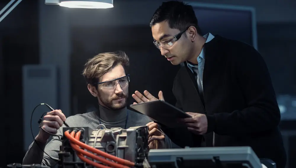 Automotive engineers inspecting machinery