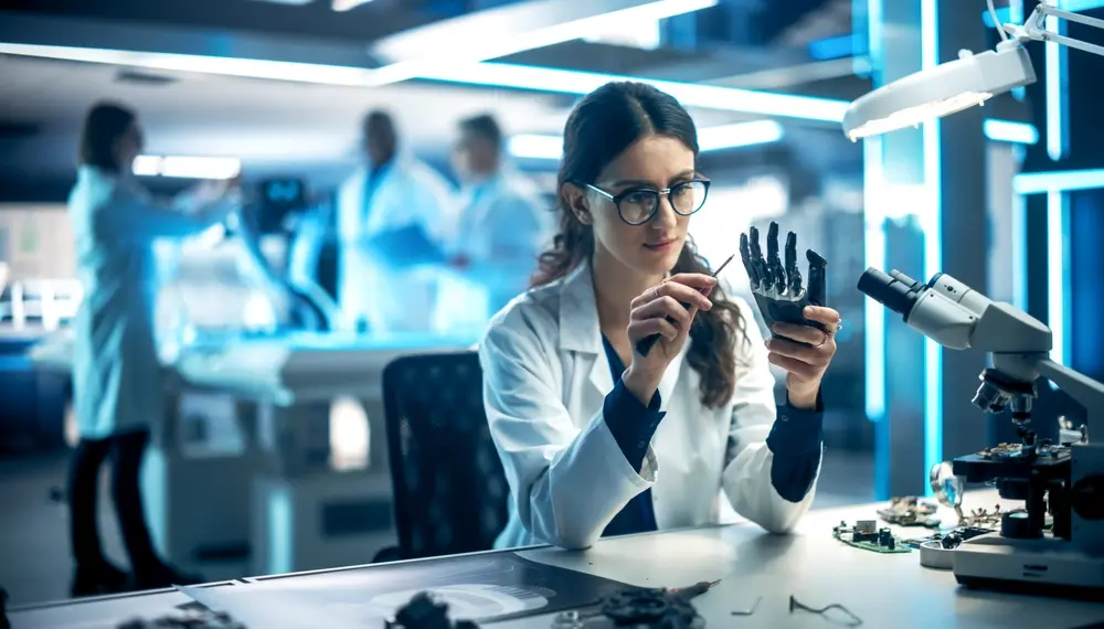 Engineer inspecting a robot hand in a lab