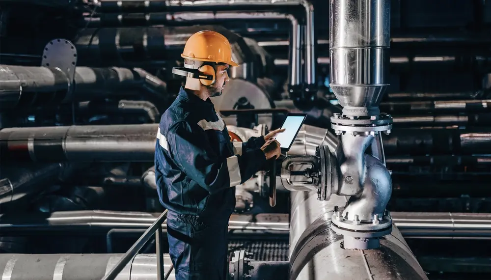 Technician using a tablet in a factory 