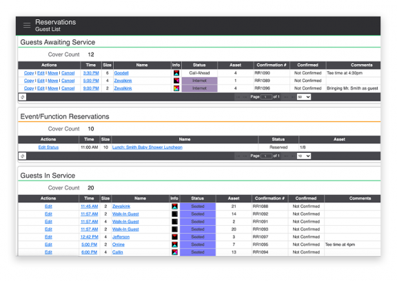 Screenshot of Infor TRS restaurant table management software guest experience display.