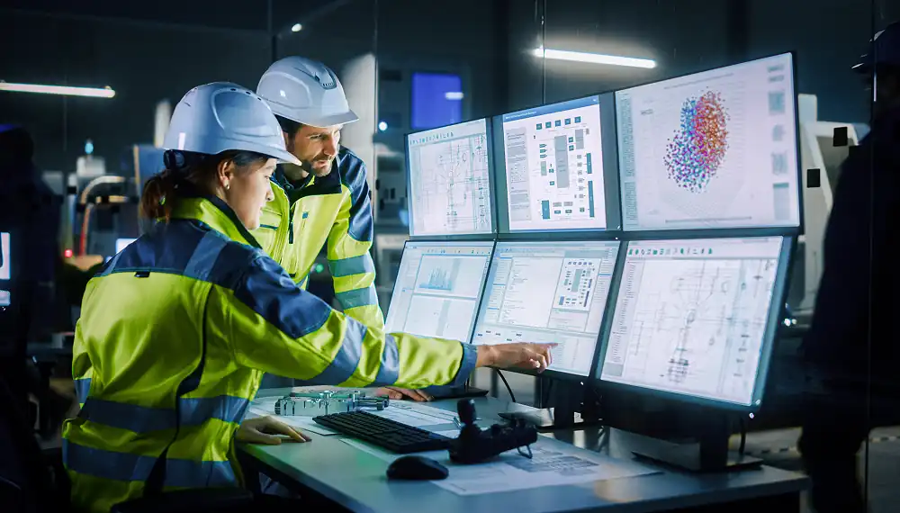 2 people looking at multiple computer monitors 