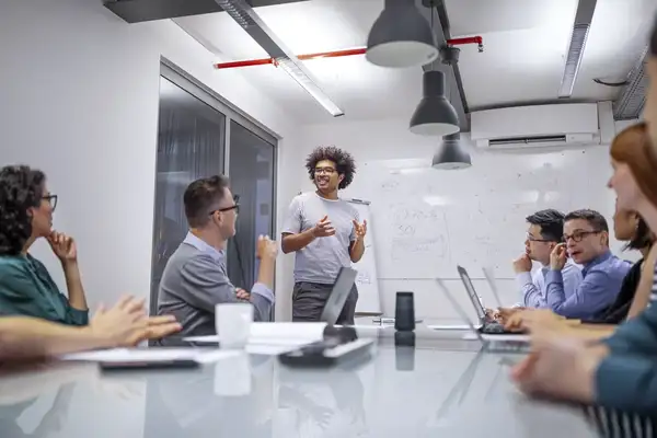 Businessman giving a financials presentation in office