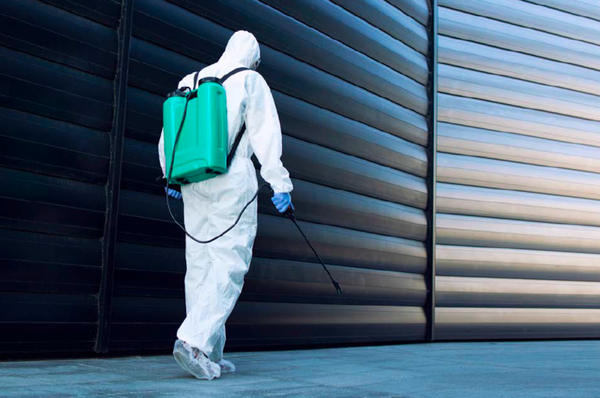 person in white protective suite green backpack sprayer brown wall