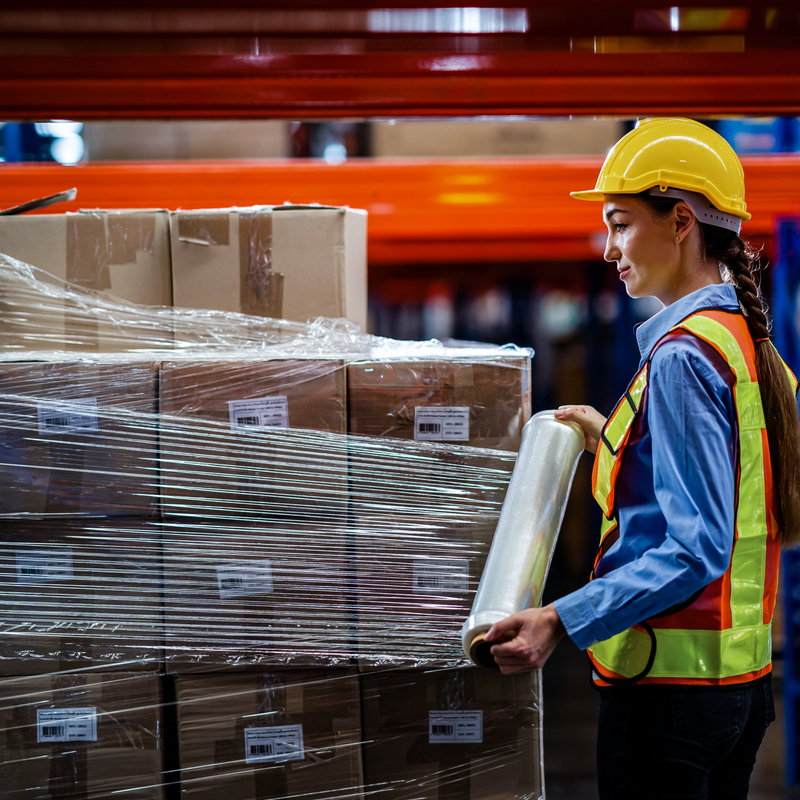 Female Warehouse worker wraps stretch film on cargo. supplier 