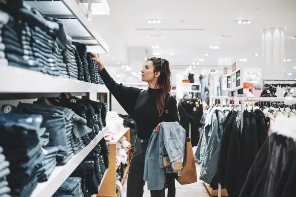 Woman shopping for denim in a clothing store