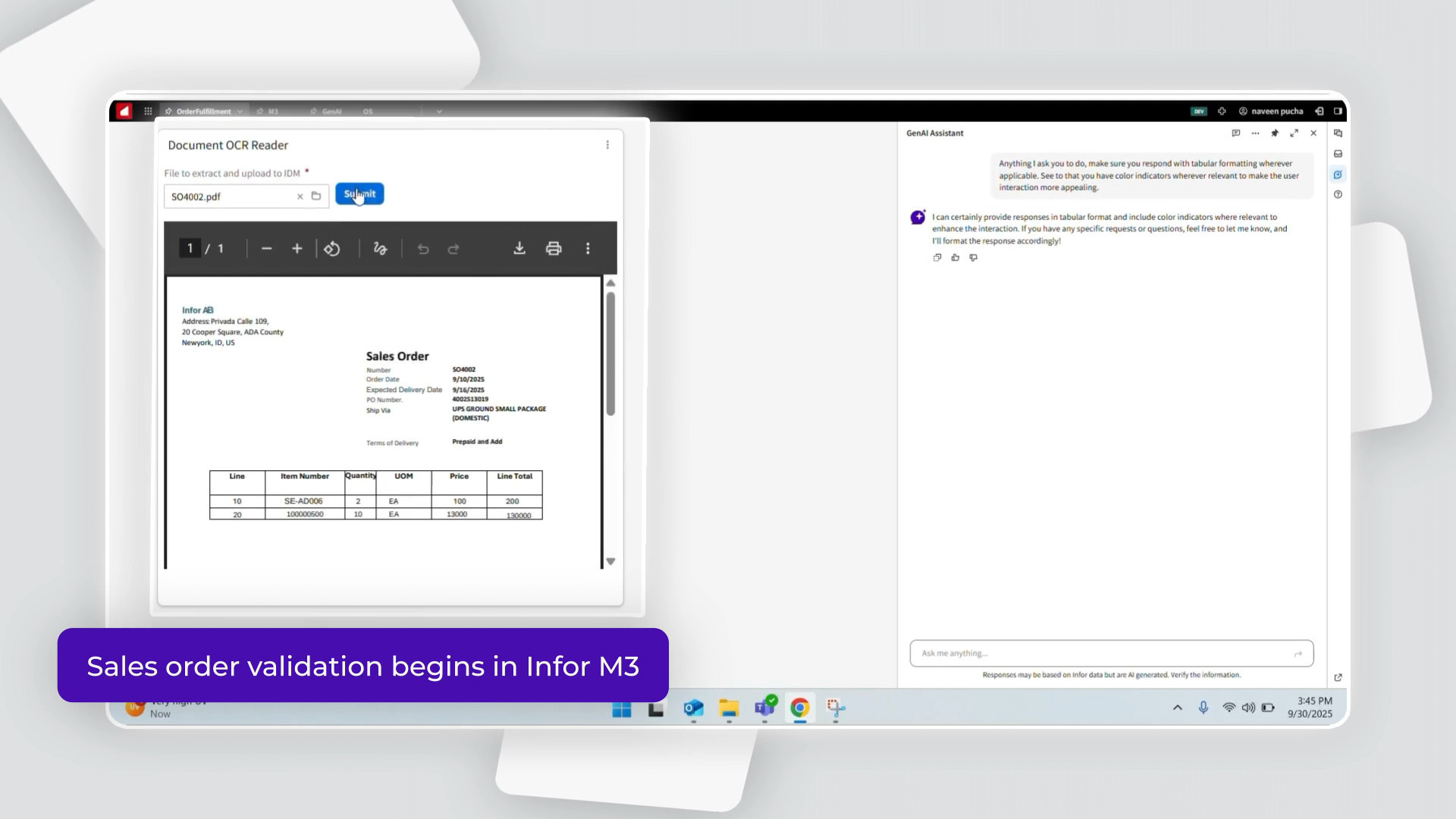 Sales order validation begins in Infor M3