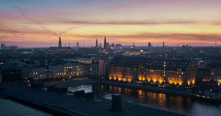 aerial photo of the copenhagen skyline at night