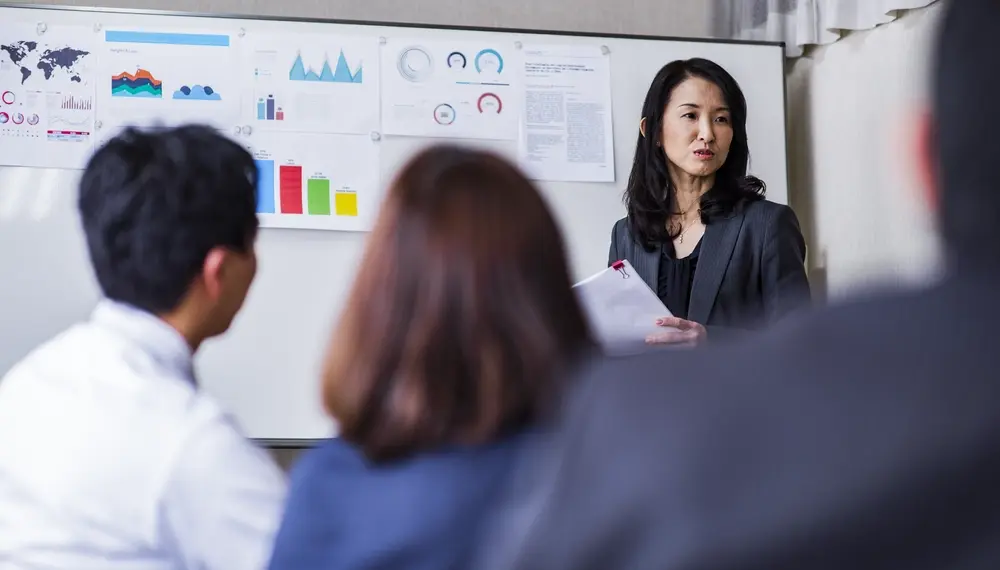 Cross-functional team reviewing supply and demand planning charts in a conference room
