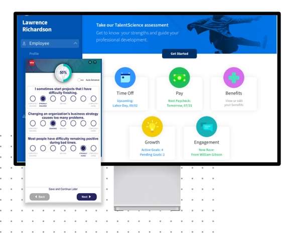 Infor HCM Talent Science screenshot of employee taking the talent assessment and the Global HR dashboard