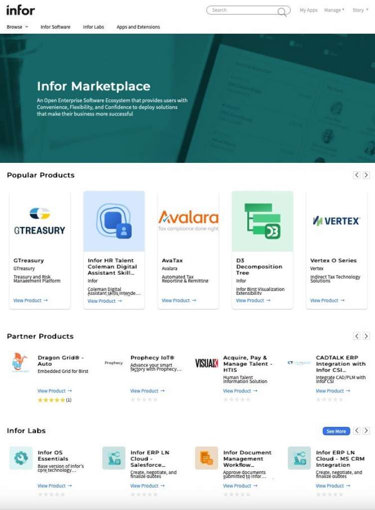 screenshot of the infor marketplace website