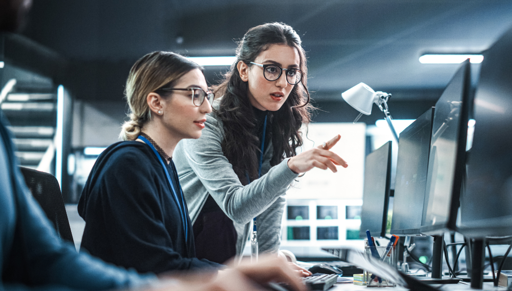 Colleagues reviewing the ROI of Infor CloudSuite on a desktop computer