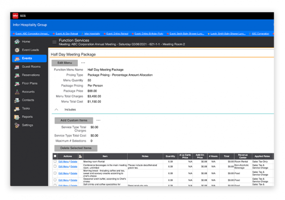 Capture d’écran des fonctions financières et de facturation d’Infor SCS dans un logiciel de réservation d’événements.