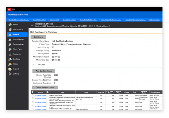 イベント予約ソフトウェアの Infor SCS の請求と財務機能のスクリーンショット。