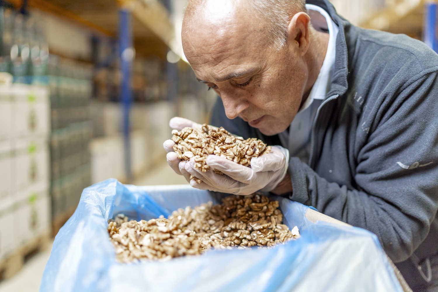 man holding and smelling a handful of walnuts