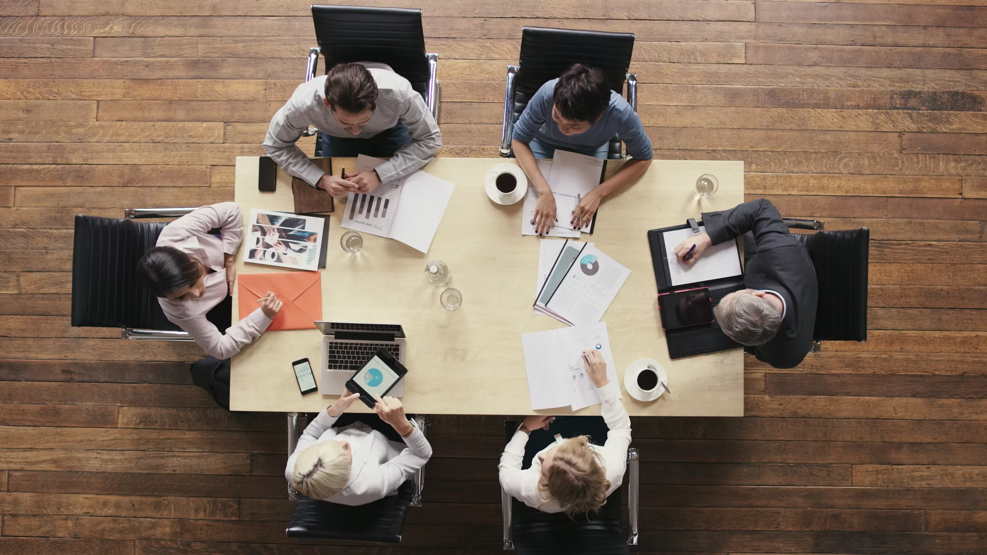 aerial view of people working in an office