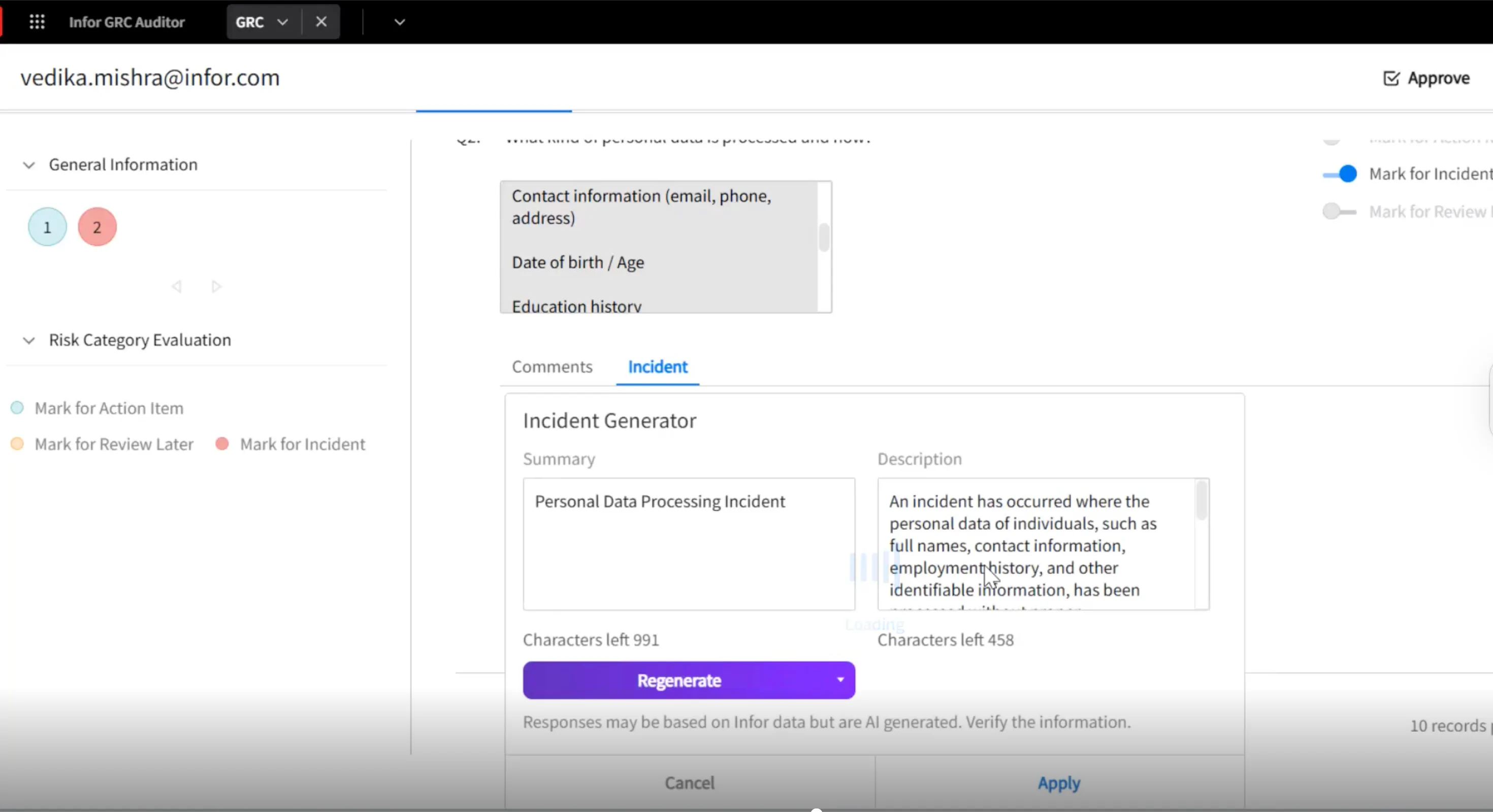 Infor GenAI embedded in GRC