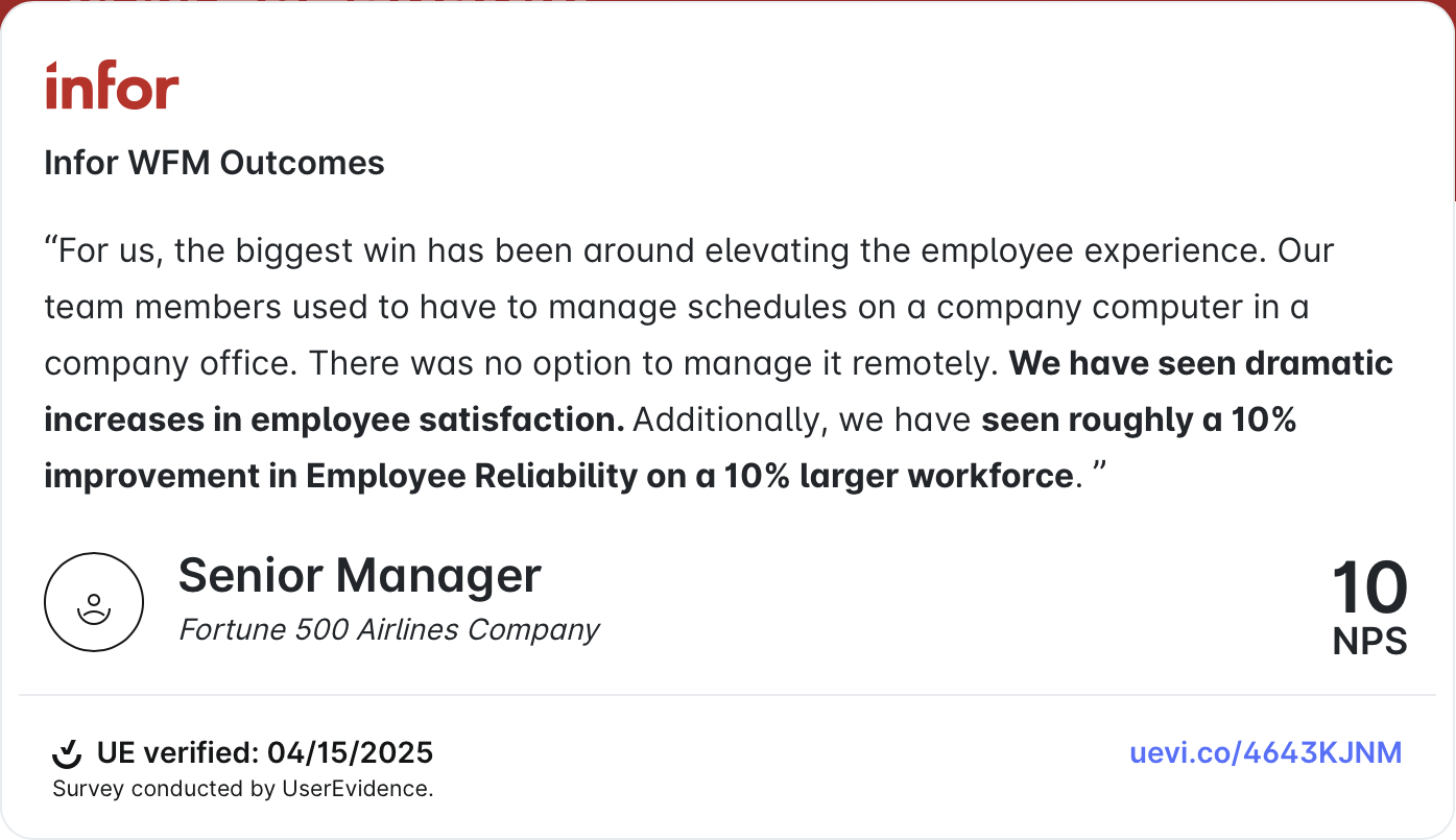 Survey conducted by UserEvidence and verified as of 15 April 2025, Senior Manager of a Fortune 500 airlines company scores gave Infor a 10 NPS