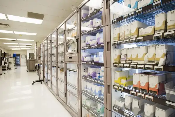 A long row and multiple shelves of hospital supplies 