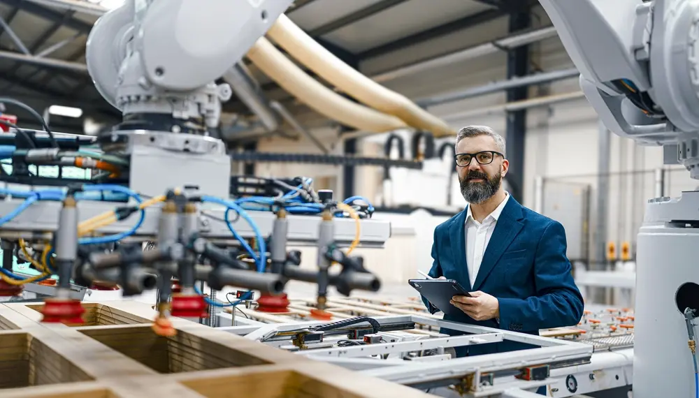 Manufacturing floor with workers using digital tablets connected to a cloud ERP system