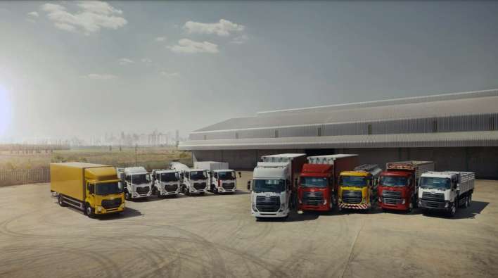 line up of freight trucks outside of a dispatch center