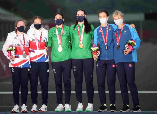 wedish bronze medalists Louise Jannering and Anna Svärdström, right, on the podium with the Irish gold medalists, and British silver medalists