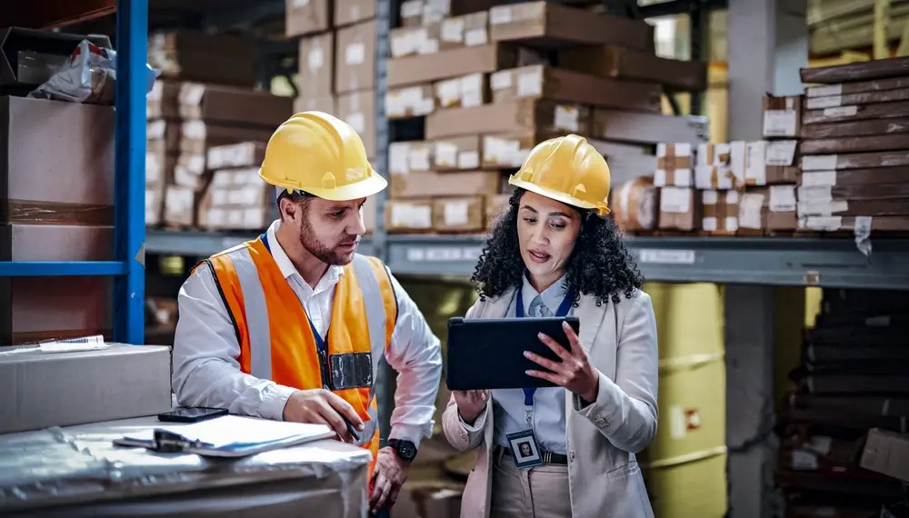 Supply chain planning team reviewing a network operations dashboard in a modern office