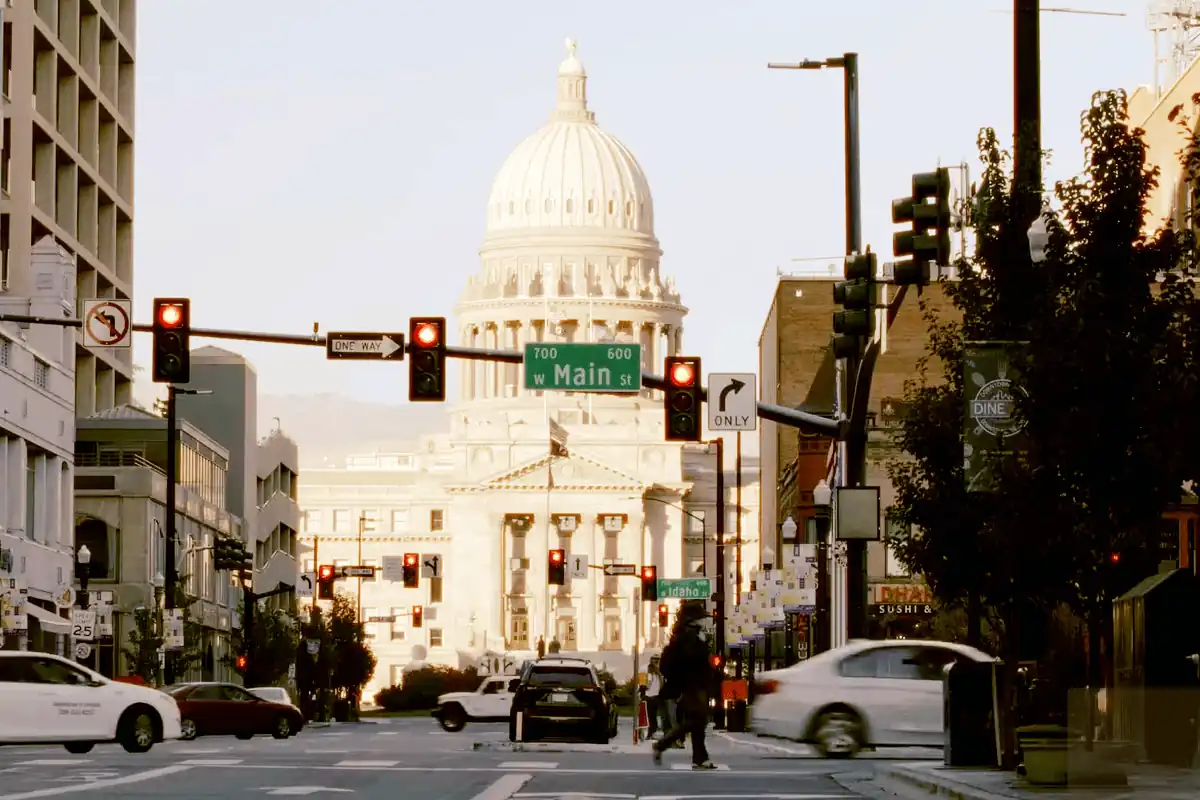 Street view of the front of the Idaho State Capitol Building in Boise, ID