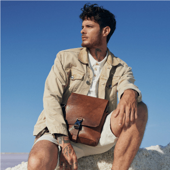 bearded man in shorts jacket with leather bag seated outdoors