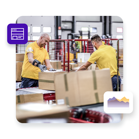 Warehouse workers sorting packages at a conveyor belt