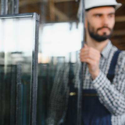 Glass panel warehouse worker