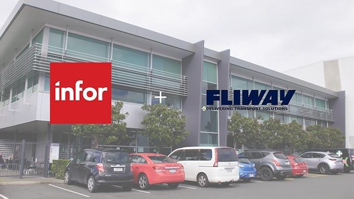 Infor and Fliway logos superimposed on Fliway office building