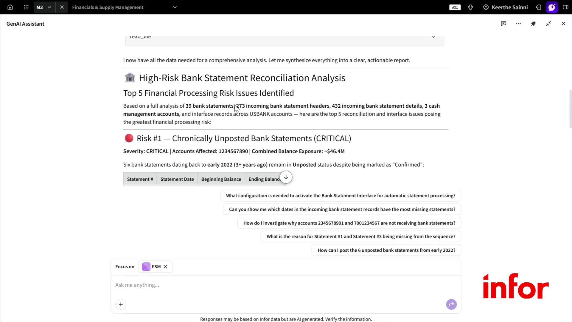 Infor GenAI Assistant displaying a high-risk bank statement reconciliation analysis, highlighting unposted bank statements and identified financial processing risks.