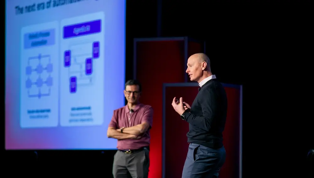 CEO Kevin Samuelson and CTO Soma Somasundaram speaking at an Infor Velocity Day even
