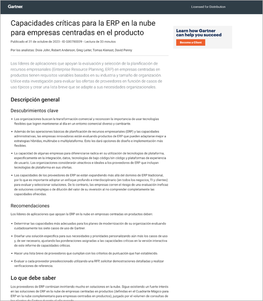Capacidades Críticas de ERP Informes de analistas de Gartner Infor