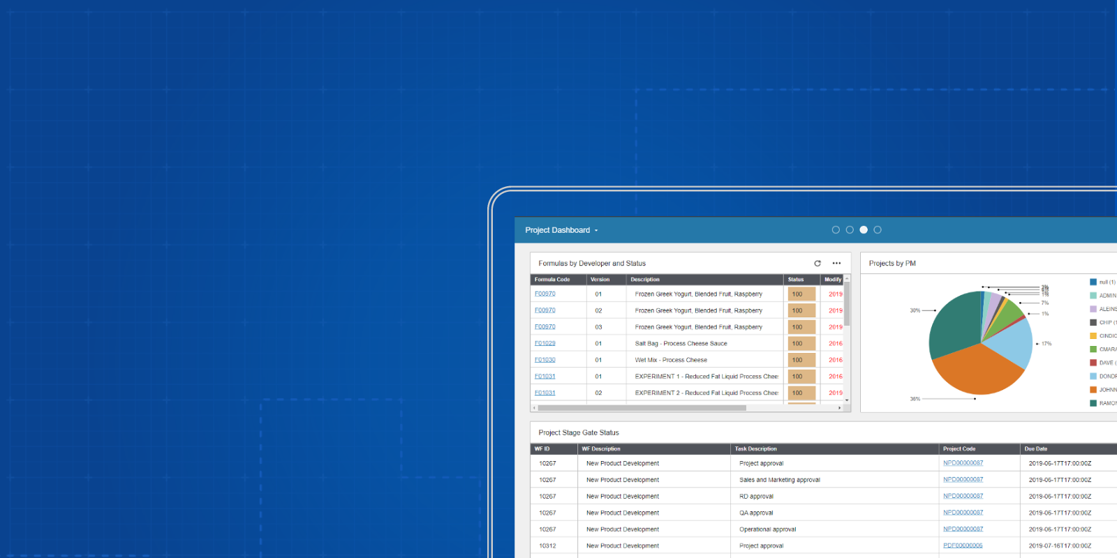 screenshot of plm process software dashboard over a blue background