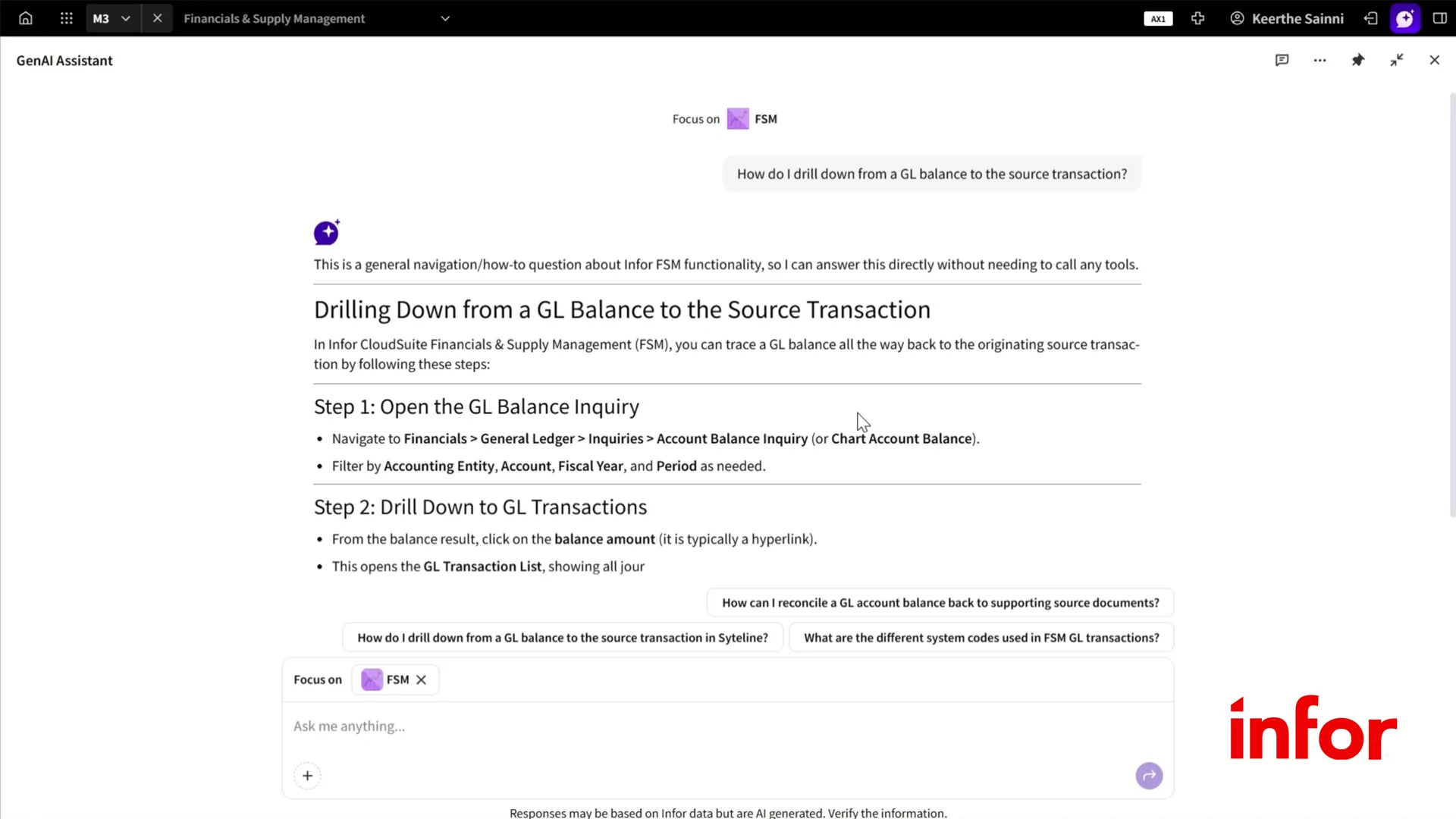Infor GenAI Assistant providing guidance for general ledger transaction analysis