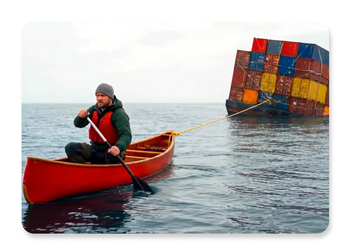 Man in canoe towing shipping containers image