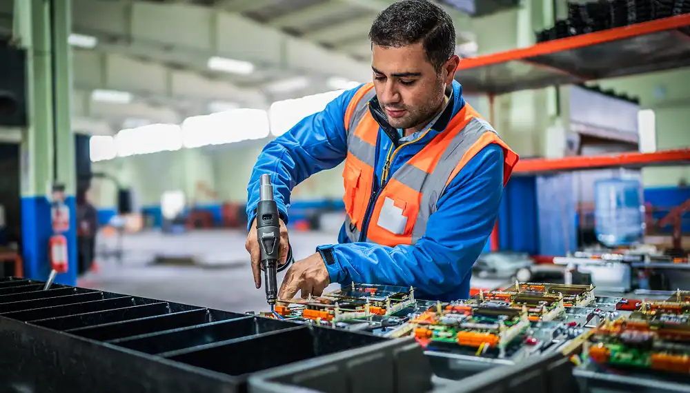 Engineer soldering electronic components in a factory